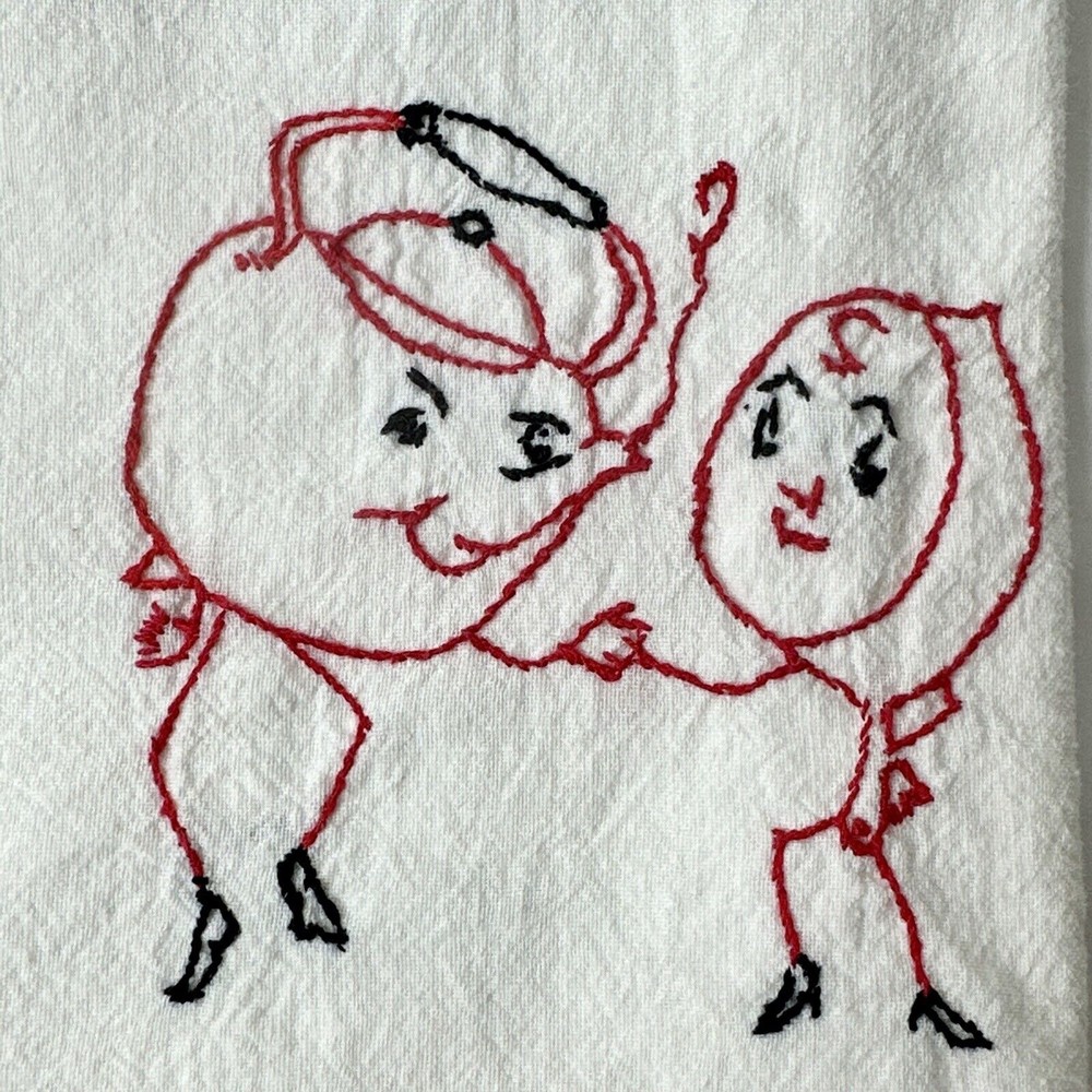 1950’s‎ tea towl embroidered w/tea kettle and tea cup dancing Kitchen Towel - Picture 2 of 5